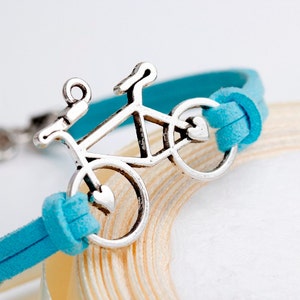 Bronce Bicicleta Encanto Cuero Azul Cuerda de Cera Pulsera imagen 1