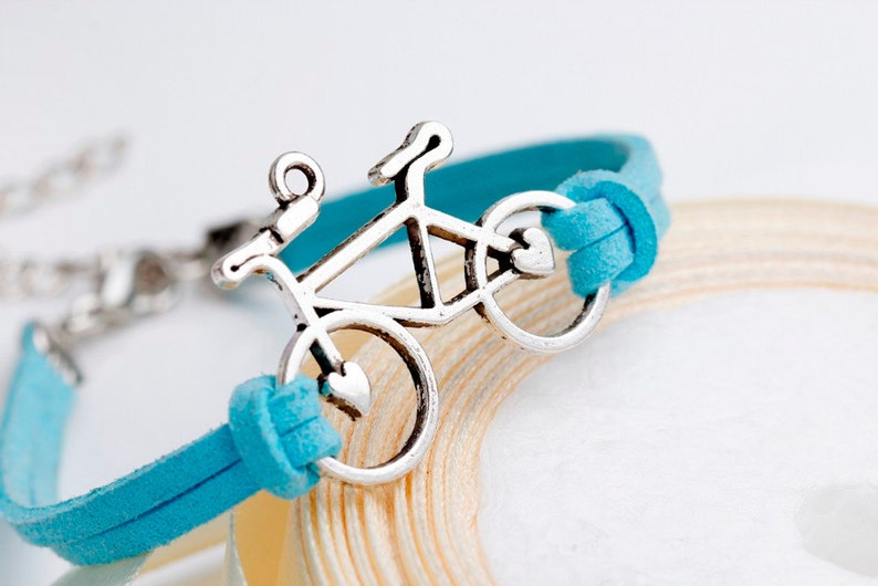 Bronce Bicicleta Encanto Cuero Azul Cuerda de Cera Pulsera imagen 1