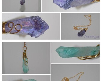 Raw Natural Quartz Druzy Crystal Gem Stone Pendant Colorful Wire Wrapped Necklace Handmade