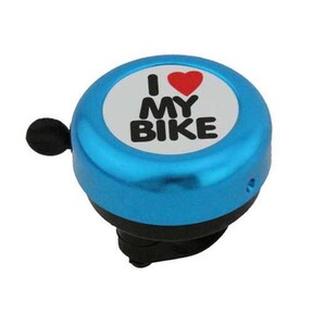 May include: A blue bicycle bell with the text "I ❤️ MY BIKE" in black and red. The bell has a black ringer and a black base. The bell is round and metallic.