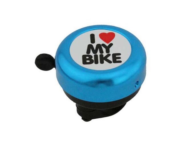May include: A blue bicycle bell with the text "I ❤️ MY BIKE" in black and red. The bell has a black ringer and a black base. The bell is round and metallic.