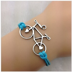 Bronce Bicicleta Encanto Cuero Azul Cuerda de Cera Pulsera imagen 2