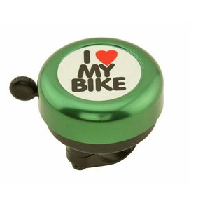 May include: A green bicycle bell with the text "I ❤️ MY BIKE" in black letters and a red heart on a white background. The bell has a black lever and base, designed to attach to a bicycle handlebar.