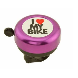 May include: A purple bicycle bell with the text "I ❤️ MY BIKE" in black letters and a red heart on a white background. The bell has a black lever and a black base, designed to attach to a bicycle handlebar.