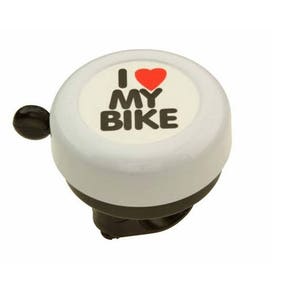 May include: A bicycle bell with a white top and a black base. The bell features the text "I ❤️ MY BIKE" in black letters with a red heart symbol. The bell has a black lever for ringing.