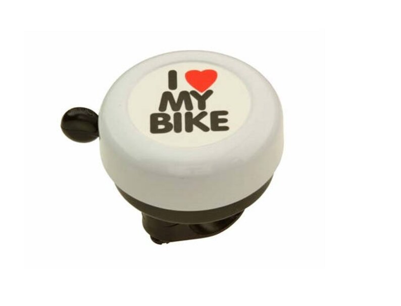 May include: A bicycle bell with a white top and a black base. The bell features the text "I ❤️ MY BIKE" in black letters with a red heart symbol. The bell has a black lever for ringing.