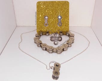 Juego de 4 piezas de joyería hecha a mano con eslabones de cadena de bicicleta, pulsera, anillo y aretes