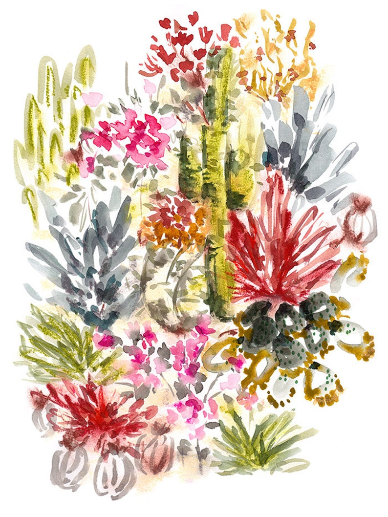 Art Print Wild Desert Cacti Garden Wall Art Watercolor Cactus
