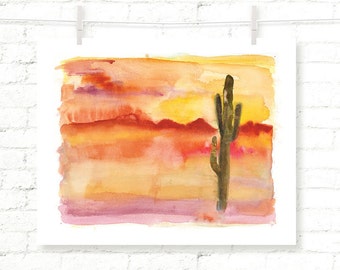 Desert - Sunset - Cactus - Joshua Tree - Cacti - Watercolor - Art Print - Wall Art