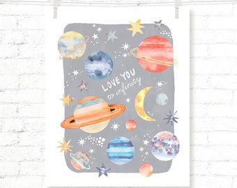 Gray - Planets - Stars - Outer Space - Solar System - Kids - Watercolor - Art Print - Wall Art