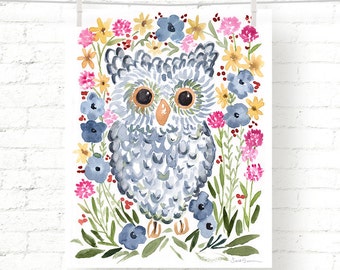 Sweet - Floral - Owl - Woodland - Baby - Nursery - Kids - Watercolor - Art Print - Wall Art