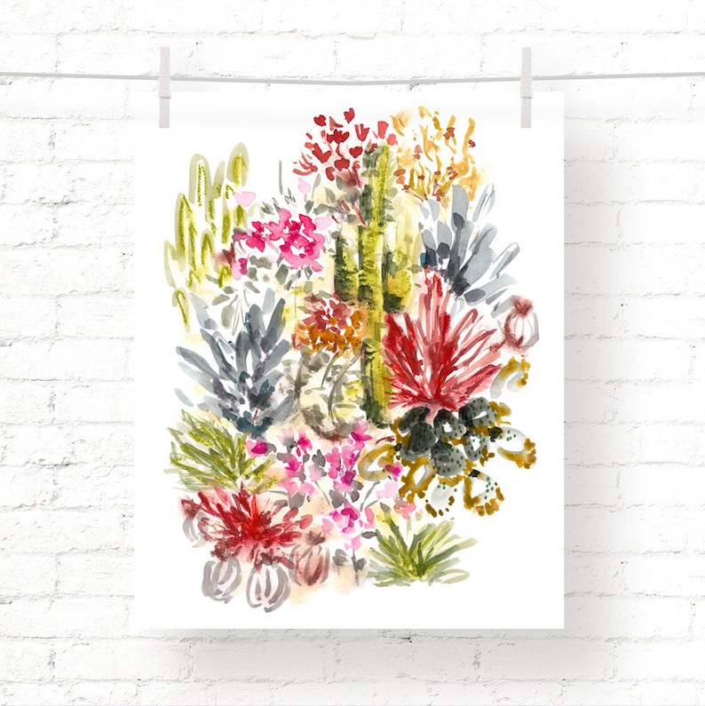 Art Print Wild Desert Cacti Garden Wall Art Watercolor Cactus