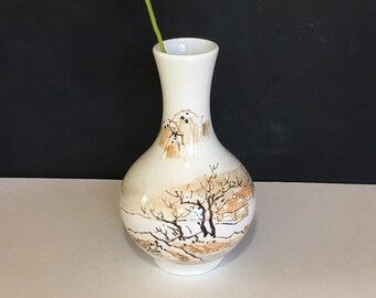 Asian Vase Hand Painted Chinese Vase Landscape Scene Mid Century Asian Bud Vase Hand Painted Porcelain Vase Japanese Vase Vintage