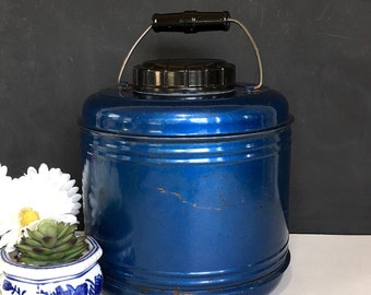 Vintage Camping Jug Metal Cooler Blue Vintage Water Cooler Ceramic Lined Jug Camping Decor Vase Farmhouse Decor