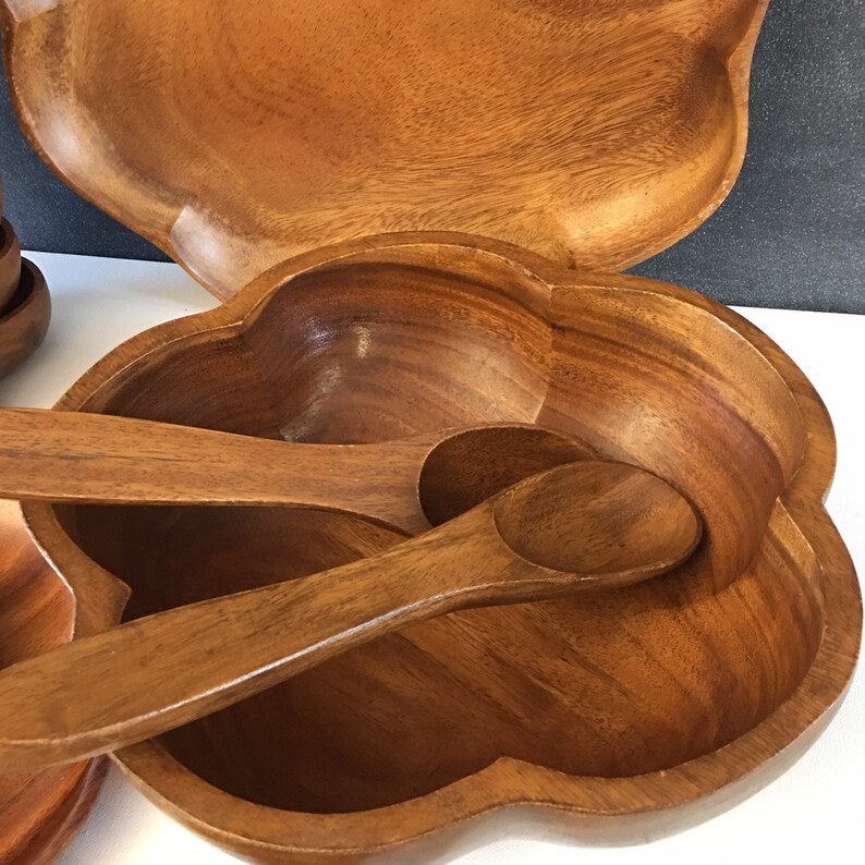 Vintage Wood Serving Tray Wood Salad Set Hand Carved Wood Salad Set Mid Century Serving Set Hand Carved Wood Serving Tray