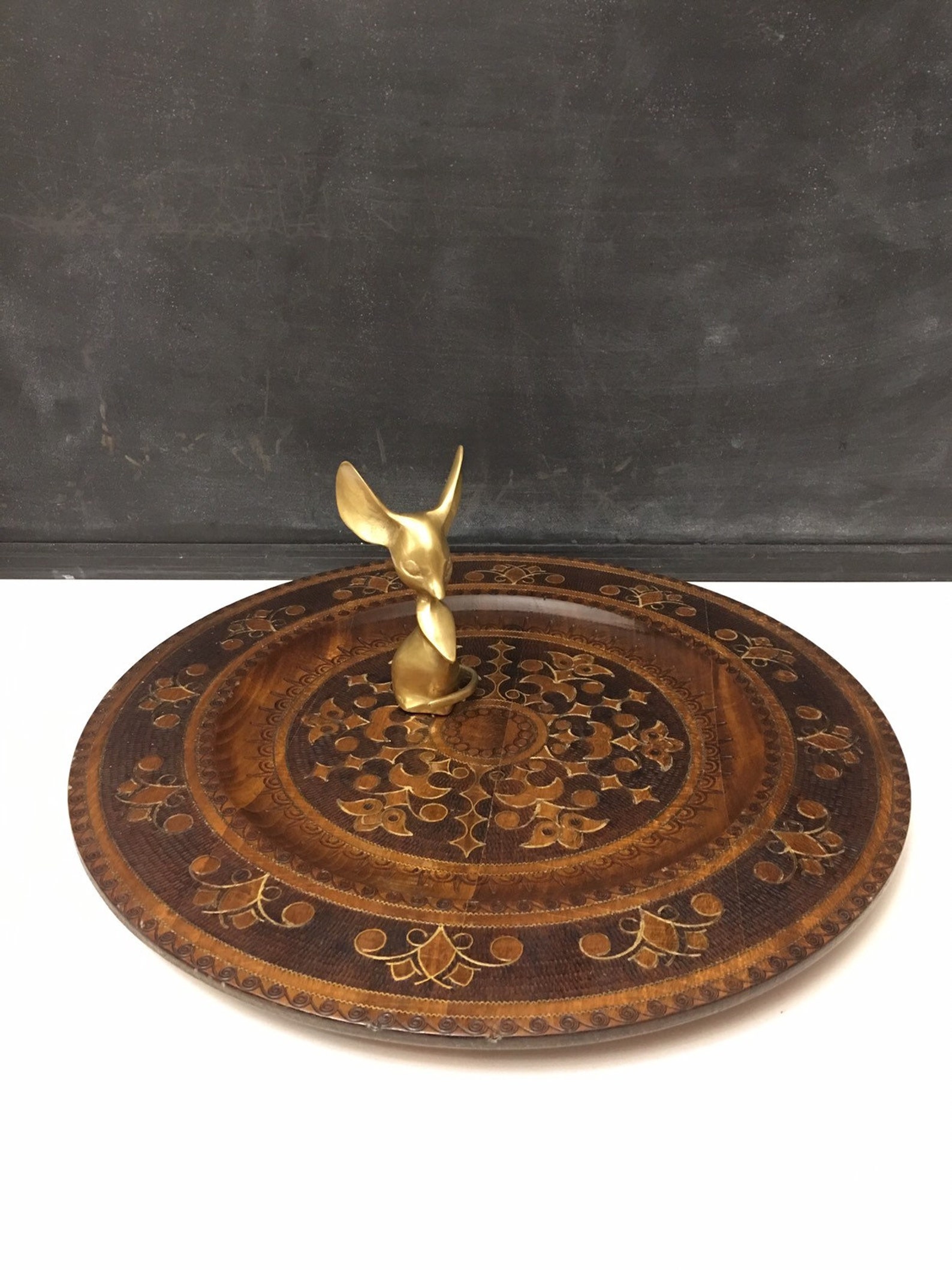 Boho Decorative Wood Tray with Brass Inlay Vintage Ornate Etsy