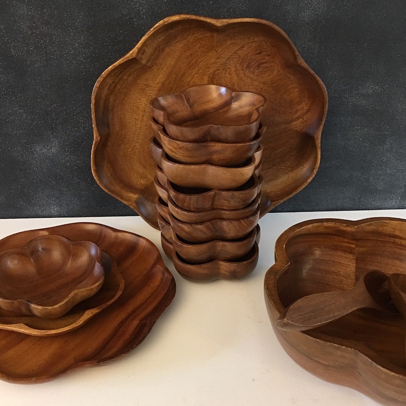 Vintage Wood Serving Tray Wood Salad Set Hand Carved Wood Salad Set Mid Century Serving Set Hand Carved Wood Serving Tray