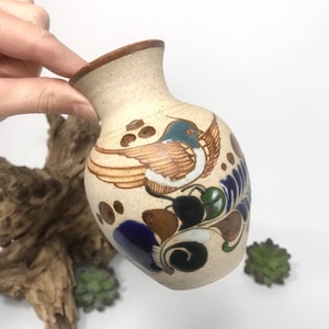 Vintage Tonala Pottery Vase Bird Mexican Folk Art Studio Art Pottery