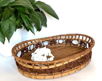 Vintage Bamboo Tray Basket Wicker Boho Rattan Tray Chinoiserie Decor Bohemian Tray Bamboo Tray Unique Rattan Tray Woven