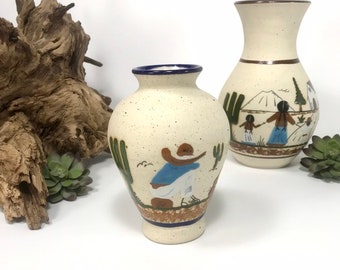 Vintage Mexican Pottery Folk Art Tonala Vase Man Sombrero Studio Art Pottery Desert Scene Cactus