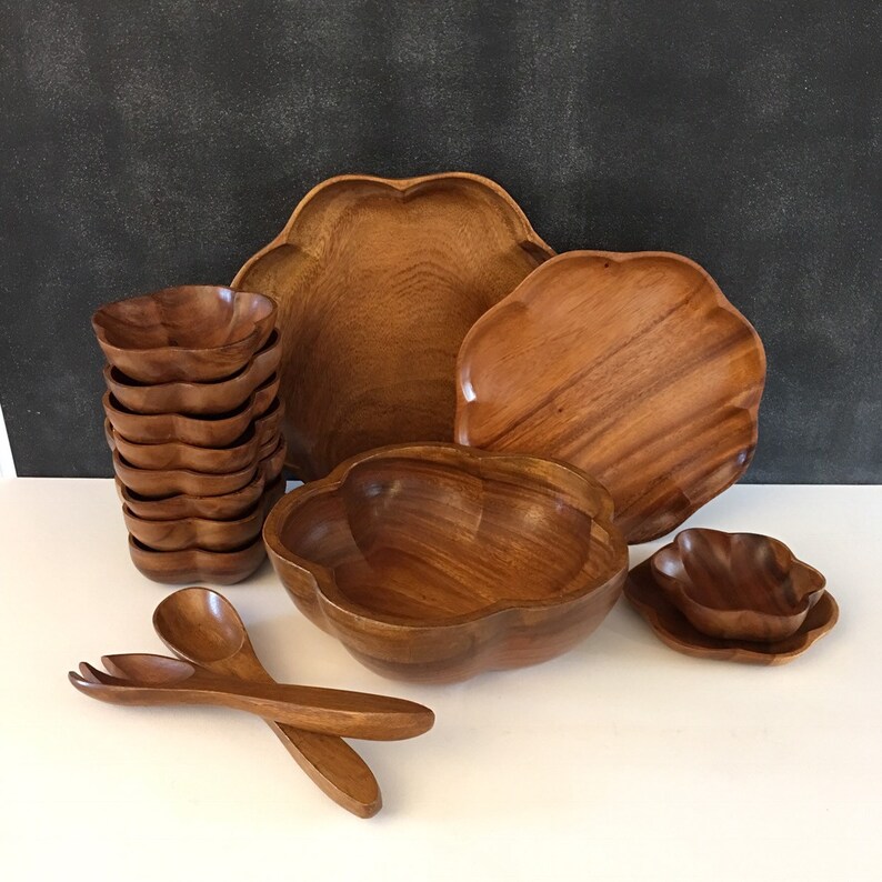 Vintage Wood Serving Tray Wood Salad Set Hand Carved Wood Salad Set Mid Century Serving Set Hand Carved Wood Serving Tray