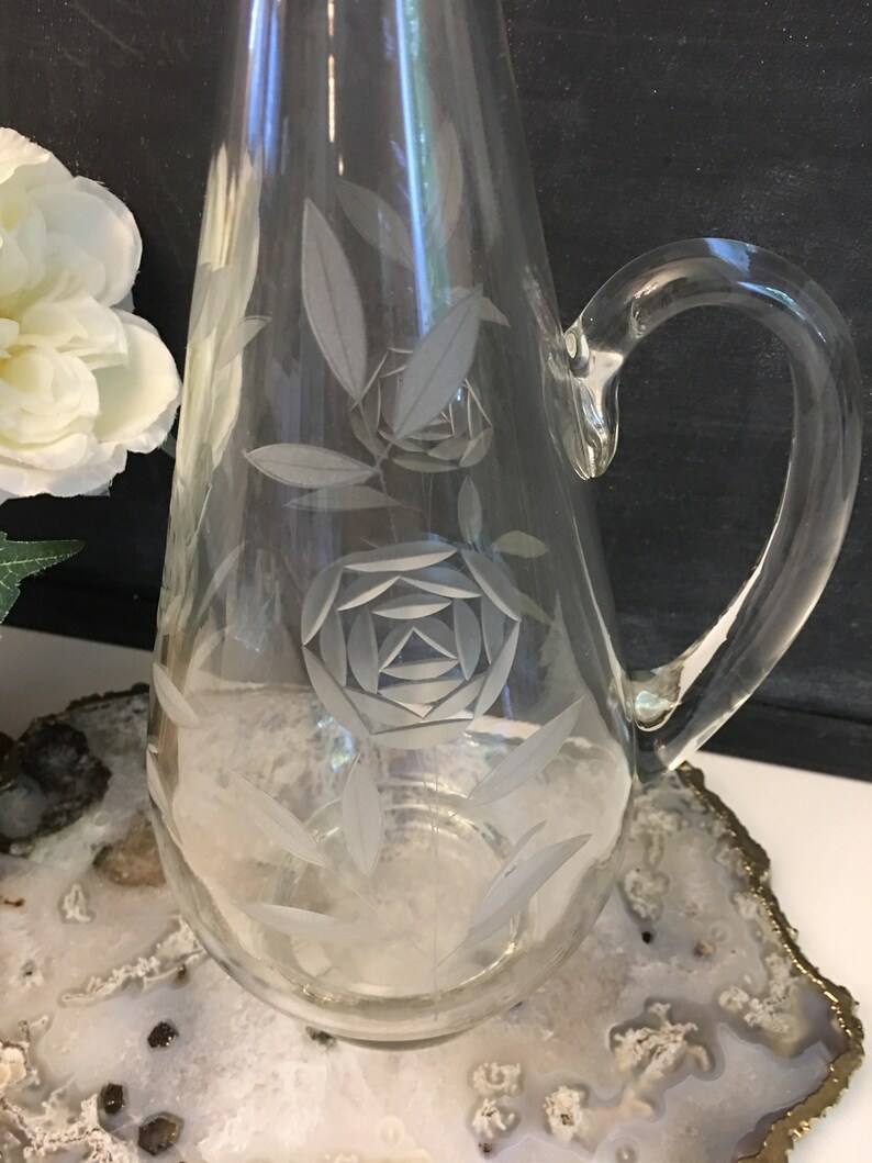 Vintage Etched Glass Decanter Floral Wine Mid Century Decanter Etsy