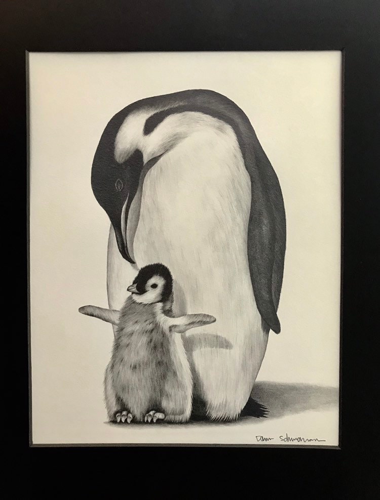 MOTHER'S DAY, Original Watercolor Penguin With Baby, Signed