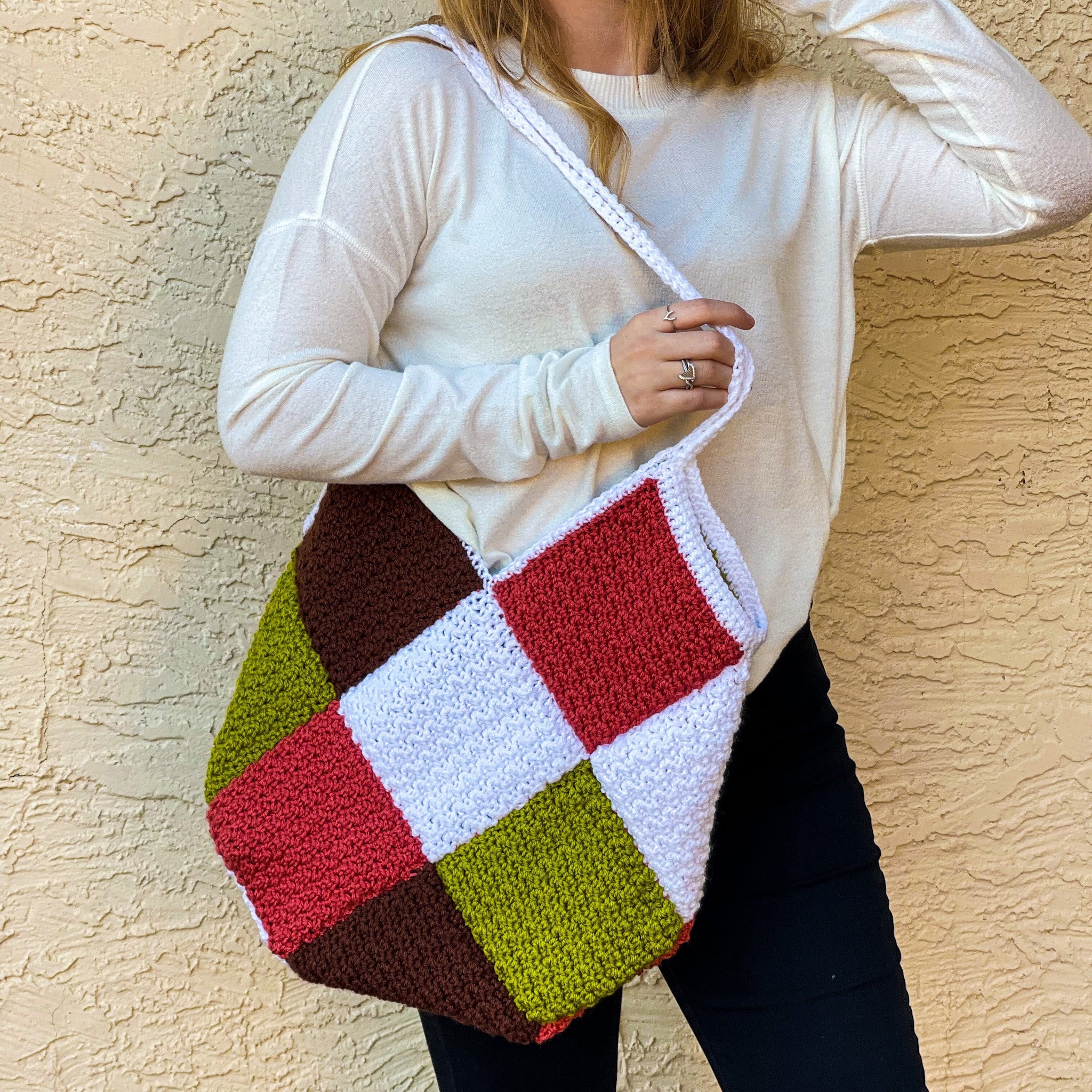 25 Crochet Shoulder Bags with Crossbody, Granny Square, and Plushie Styles 6 Piper Patchwork Crochet Handbag Pattern
