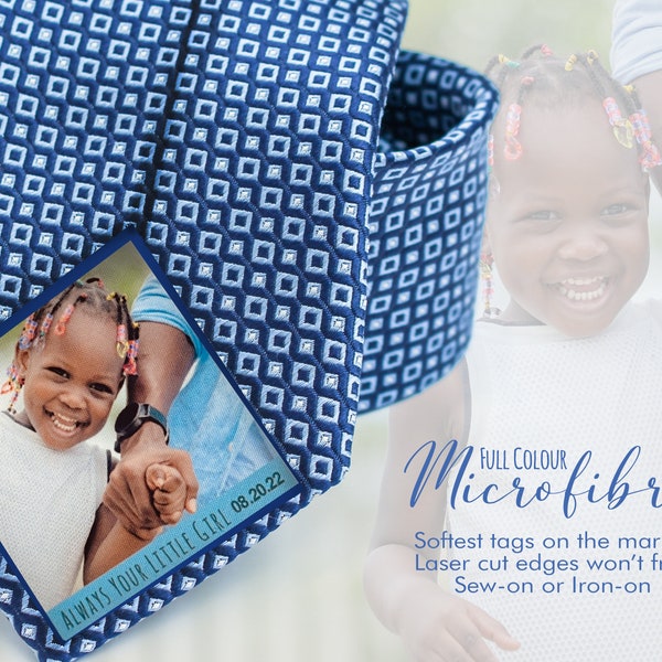 PEEL AND STICK Full Colour Photo Customized Tie Insert for Wedding Day. Microfibre for the softest tags on the market.