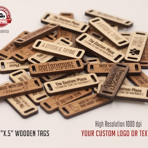 1.5 INCH BY .5 INCH Wooden tags with your custom logo or text! Walnut, Cherry, Maple custom wood clothing tags