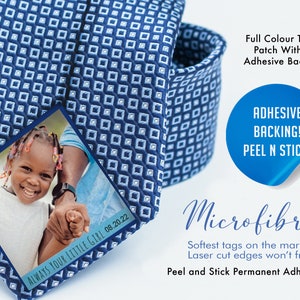 Full Colour Adhesive Peel & Stick Photo Customized Tie Insert for Wedding Day. Microfibre for the softest tags on the market. No Fraying!