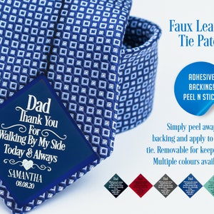 Father's Faux Leather Customized Tie Insert for Wedding Day. Custom Silver Metallic Text on Blue Faux Leather