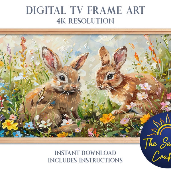 Samsung frame, TV artwork, happy Easter, rabbit painting, wildflower field, neutral spring screensaver, television home decor,