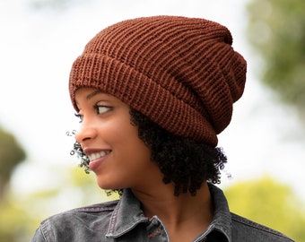 Rust Orange Satin Lined Knit Beanie Burnt Orange Wool Mix