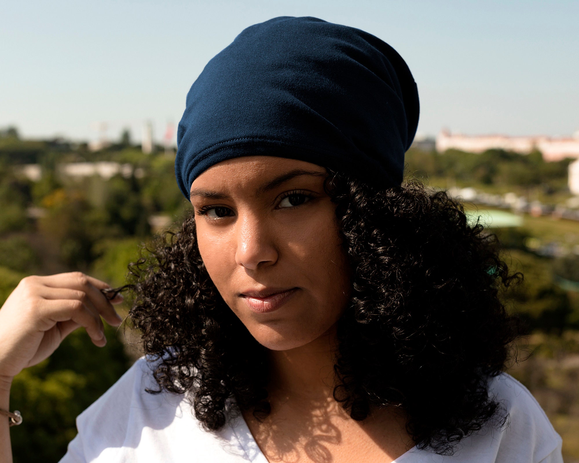 Satin Lined Beanie Navy Slouchy Cap Curly Hair Accessories Etsy