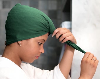 Verde Esmeralda, Envoltura de toalla para el cabello de camiseta, Capucha, Cabello rizado, Elástico orgánico, Día de la Madre