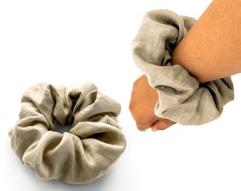 Set Of Two, Beige Sand + Another Color, Linen Scrunchie, Large, Organic Elastic