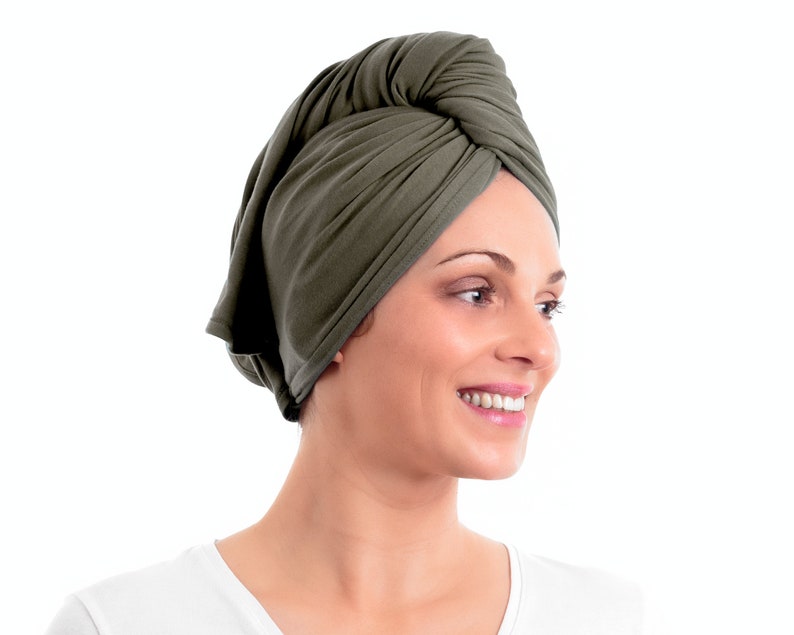 Khaki, T-shirt Hair Towel Wrap Full, Curly Hair image 2