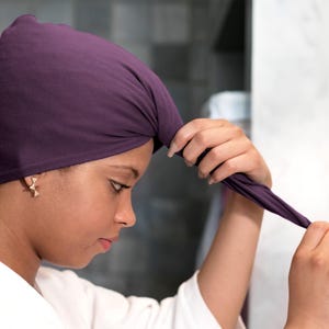 Plum, T-shirt Hair Towel Wrap, Hood, Curly Hair, Organic Elastic Loop, Coconut Shell Button