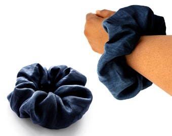 Set Of Two, Indigo Blue + Another Color, Linen Scrunchie, Large, Organic Elastic