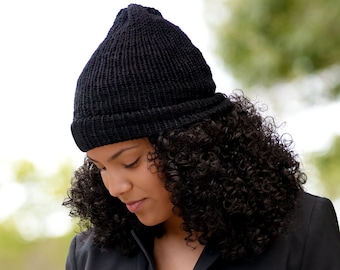 Black Satin Lined Knit Beanie Wool Mix