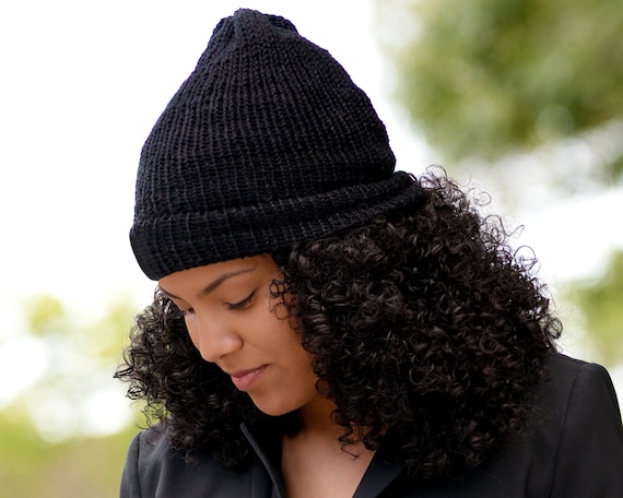 Black Satin Lined Knit Beanie Wool Mix 