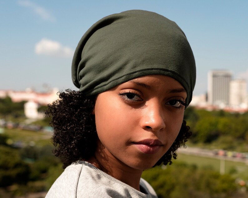 Satin Lined Beanie Khaki Slouchy Cap Locks Hair Moisture Etsy