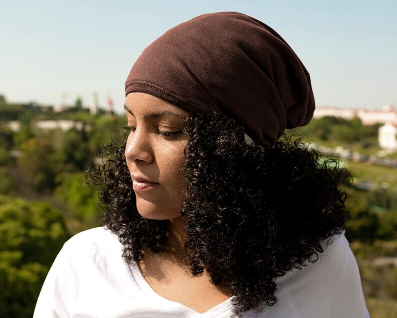 Satin Lined Beanie Brown Chocolate Slouchy Cap Curly Hair Etsy