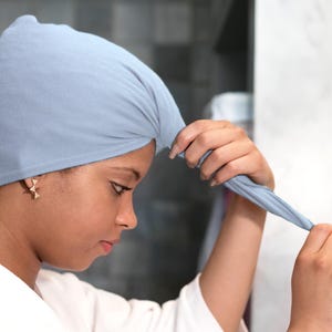 Sky Blue, T-shirt Hair Towel Wrap, Hood, Curly Hair, Organic Elastic