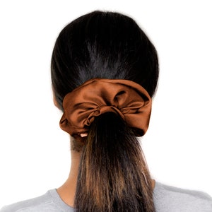 Könnte beinhalten: Ein braunes Satin-Haargummi.