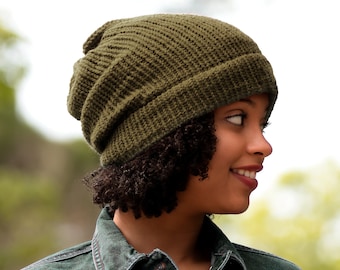 Olive, Satin Lined, Knit Beanie, Khaki, Wool Mix