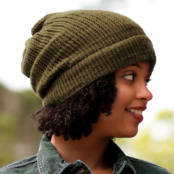 Olive, Satin Lined, Knit Beanie, Khaki, Wool Mix