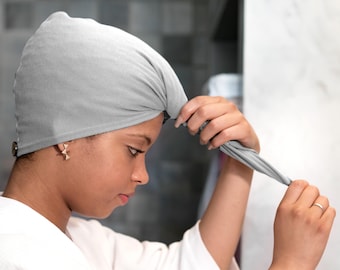Gray, T-shirt Hair Towel Wrap, Hood, Curly Hair Organic Elastic
