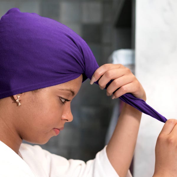 Purple, T-shirt Hair Towel Wrap, Hood, Curly Hair, Organic Elastic